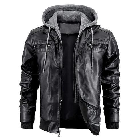 Men's Slim Fit Hooded PU Leather Motorcycle Jacket for Autumn and Winter - Windproof Detachable Hat Casual Biker Outerwear with Zipper Closure