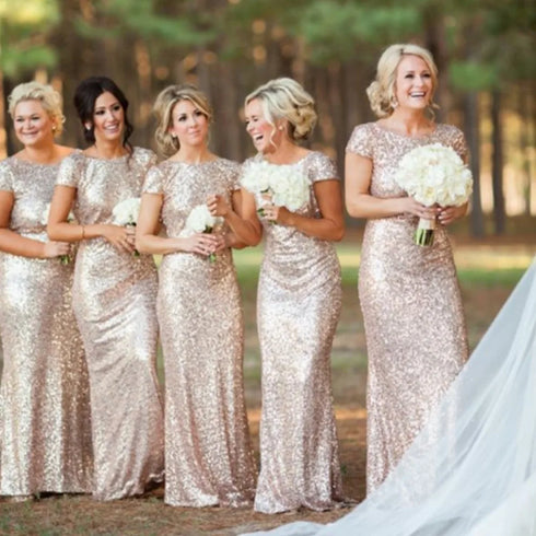 Sequined Bridesmaid Dresses Mermaid Style With Short Sleeves And O Neck For Summer Formal Wedding Party