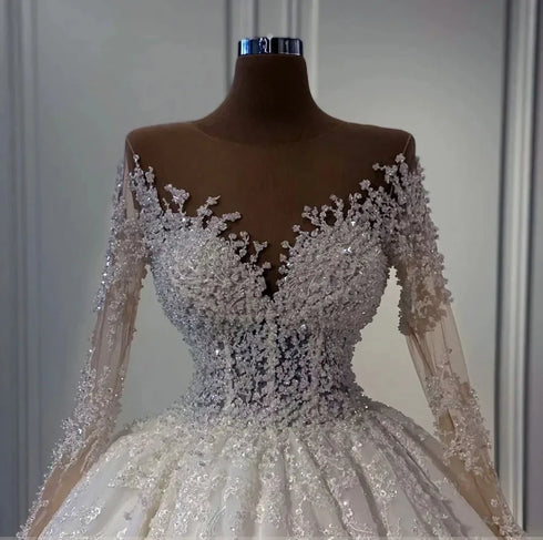 Customized Elegant Wedding Dress Illusion Neck Long Sleeves Lace Appliques Pearls Beads Bride Gowns