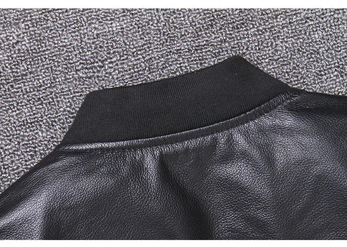 Stylish Casual Men's Bomber Jacket in Genuine Cowhide Leather - Perfect Spring and Autumn Outerwear with Full Sleeves and Zipper Closure