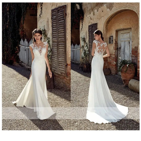 Wedding Dress Boho Sexy Illusion Sleeveless Scoop Neck Appliqued Lace Mermaid Gowns