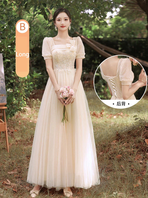 Bridesmaid Dress With Square Neck And Bow Ankle Length Organza With Floral Appliques Bridal Gown Style