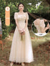 Bridesmaid Dress With Square Neck And Bow Ankle Length Organza With Floral Appliques Bridal Gown Style