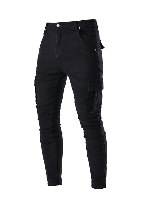 Men's Fashion Elastic Slim Fit Cargo Denim Pants Multi Pockets Casual Skinny Trousers