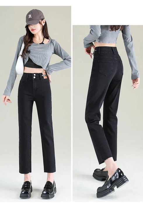 Slim Straight Elastic Denim Pipe Pants for Women - Versatile All-Season Trousers with Pockets and Tie Dye Details for Trendy Fall Outfits