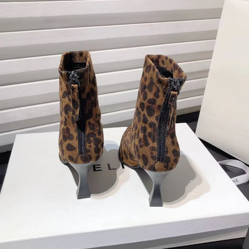 High Heels Ankle Boots Women Leopard Pointed Toe Fashion