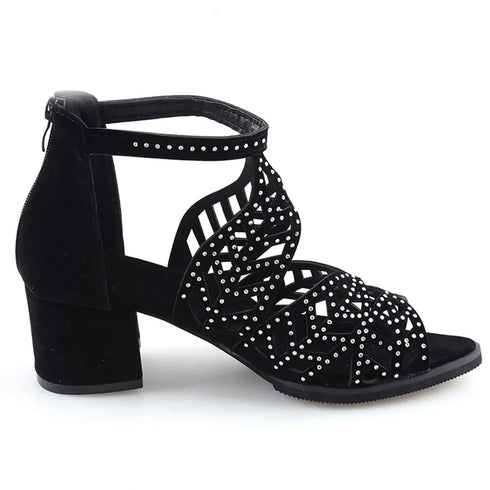 Rhinestone Faux Leather Hollow Out Thick Heel Sandals