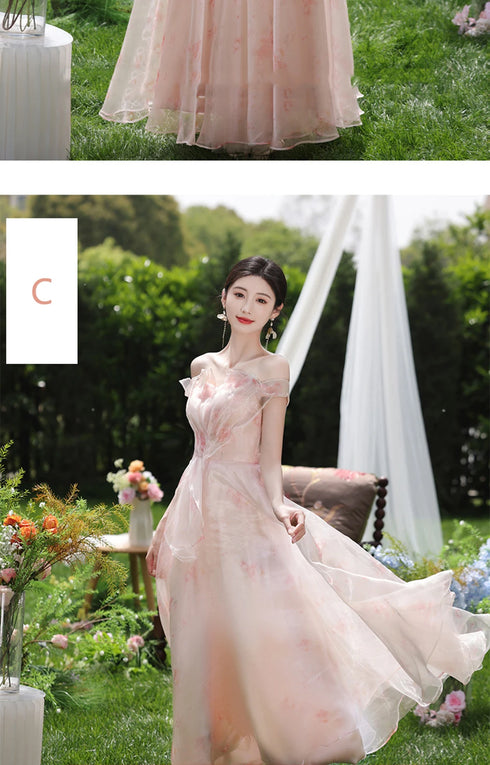 Off Shoulder Bridesmaid Dress Elegant Bubble Sleeve Floral Print Aline Gown For Party