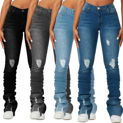 Washed Denim Straight Pants Women Ankle Length Jean Ripped Distressed Casual Skinny Vintage High Waist