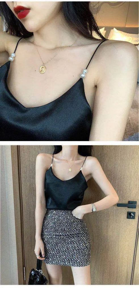 Satin Silk Backless Halter Crop Top for Women - Stylish Sleeveless Camisole Perfect for Summer Parties and Clubbing - Trendy Tank Top with Beaded Decoration and Open Back Design