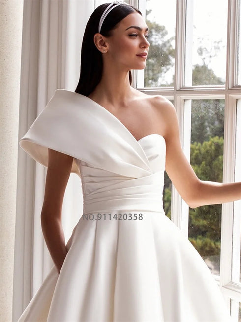 Modern One Shoulder Satin A-Line Wedding Dresses Gown