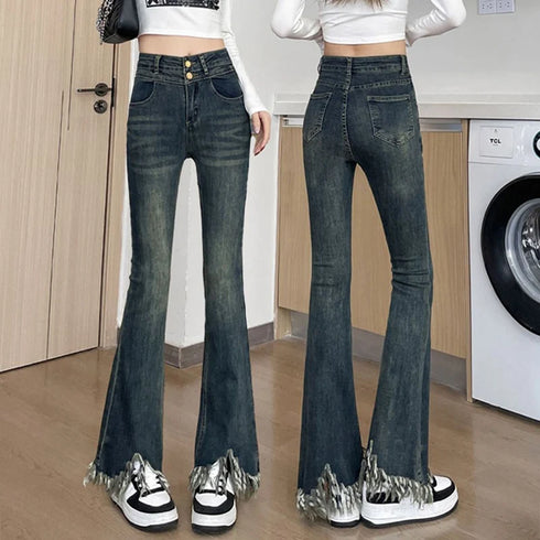 Ripped High Waist Flared Jeans For Women Retro Denim Trousers Casual Street Style Classic Fit