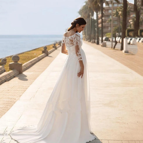Elegant Maternity Wedding Dress Chiffon Lace 3/4 Sleeve Bridal Gown with Sweep Train