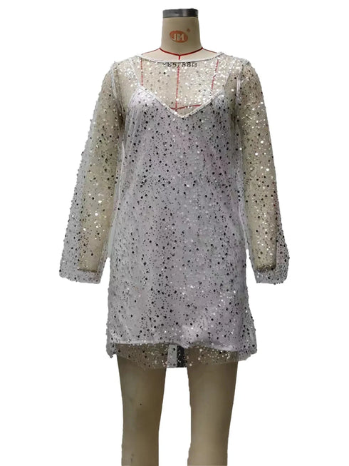 Independent Station Women's Clothing Beaded Mesh Net Yarn Two-Piece Set Dress
