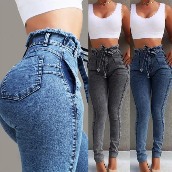 Fashion Belted High Waist Skinny Jeans Women Slim Tassel Waistband Denim Pencil Pants