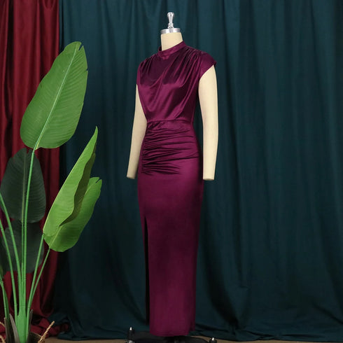 Women Dress Pleated Long Elegant Slit High Collar Maxi Gowns Party