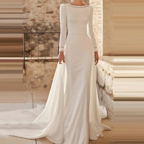 Classic Mermaid Wedding Dresses Women's Sexy Backless Bridal Gown Elegant Long Sleeve Muslim Style