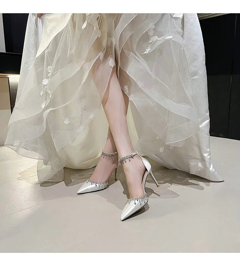 Comemore White Wedding Bridesmaid Satin Pumps with Rhinestones