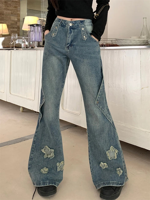 Fashion Blue Denim Pants Women Embroidery Star High Waist Slim Bell Bottoms Streetwear Vintage Kpop