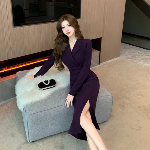 Purpled Elegant Pleated Bodycon Suit Dress for Women Chic Formal Dress