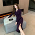 Purpled Elegant Pleated Bodycon Suit Dress for Women Chic Formal Dress