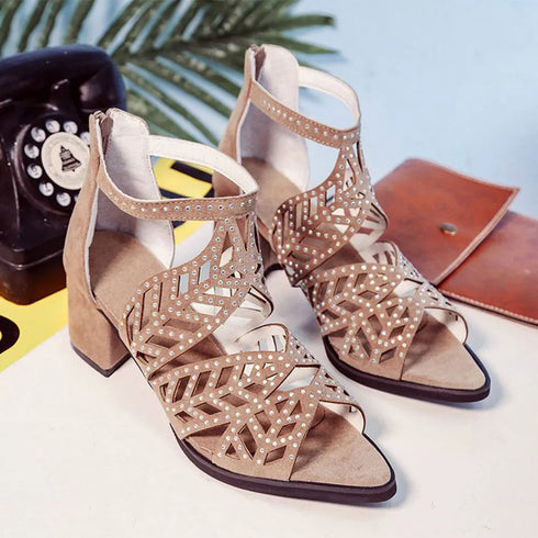 Rhinestone Faux Leather Hollow Out Thick Heel Sandals