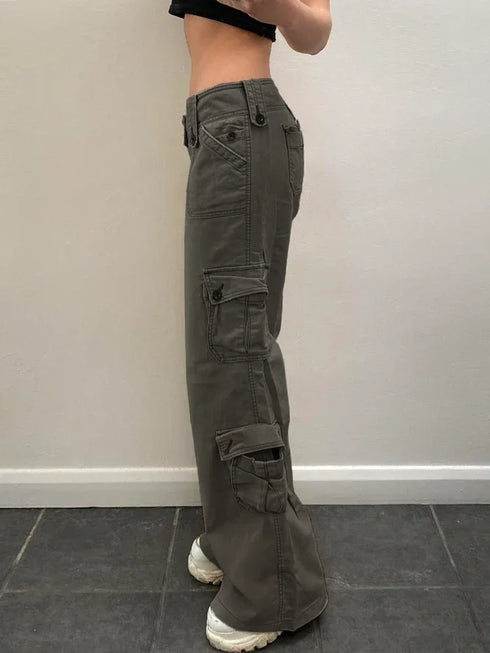 Vintage-Inspired Low Waist Y2K Cargo Pants for Women - Trendy Straight Denim Jeans with Pockets for Effortless Streetwear Looks and Fall Outfits with Jeans