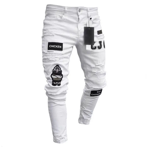 White Embroidery Skinny Ripped Jeans Men Casual Denim Pants