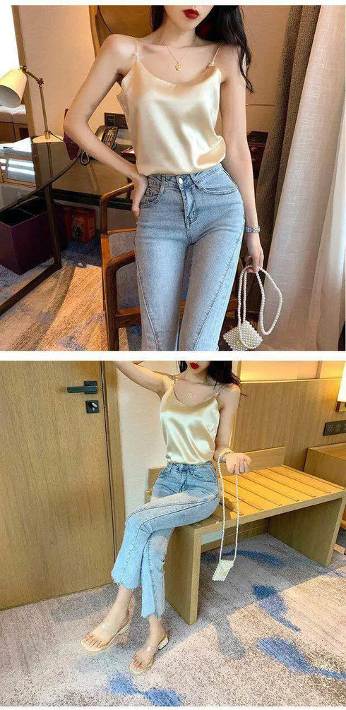 Satin Silk Backless Halter Crop Top for Women - Stylish Sleeveless Camisole Perfect for Summer Parties and Clubbing - Trendy Tank Top with Beaded Decoration and Open Back Design