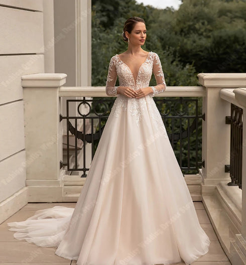 Elegant Deep V-Neck Wedding Dresses For Women A-Line Lace