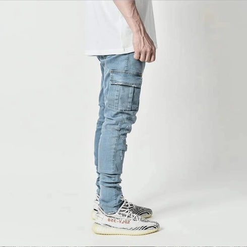 Men's Fashion Elastic Slim Fit Cargo Denim Pants Multi Pockets Casual Skinny Trousers