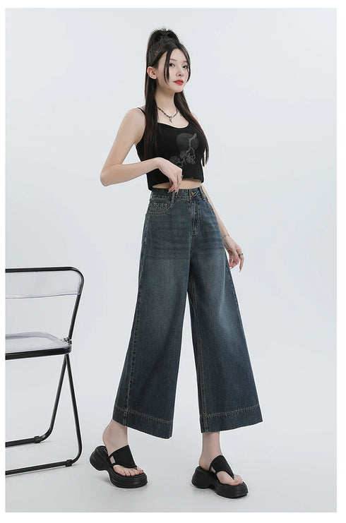 Wide Leg Loose Denim Ankle-Length Jeans for Women - Trendy Streetwear Pants Perfect for Summer Outfits and Casual Styling