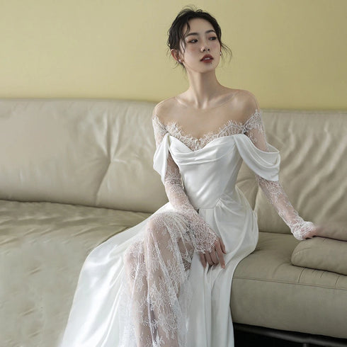 Customized Illusion Tulle Off Shoulder Lace Wedding Gowns A Line Long Sleeves Ruched Satin Bridal Dress