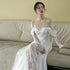 Customized Illusion Tulle Off Shoulder Lace Wedding Gowns A Line Long Sleeves Ruched Satin Bridal Dress