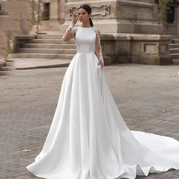 Elegant Satin Wedding Dresses Long Sleeve Lace Bride Gowns