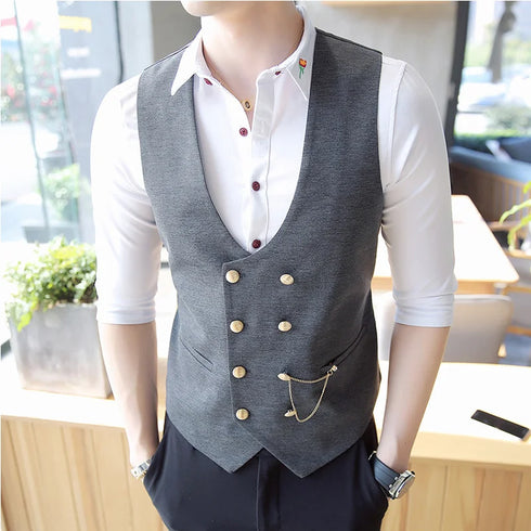 Men's Formal Slim Fit Double Breasted Sleeveless Suit Vest Business Casual Fashion