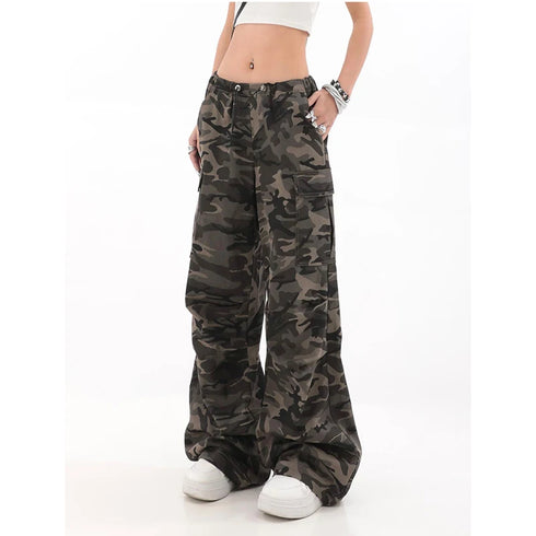 Casual Wide Leg Pants for Women - Y2K Hip-Hop Cargo Overalls with Camouflage Design, Perfect for Fall Outfits and Grunge Style Inspiration