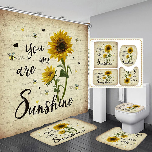 4 Piece Doormat Shower Curtain Set with Non-Slip Rugs Toilet Seat Cover and Bath Carpet for Bathroom Decor