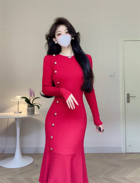 Korean Chic French Knitted Dress Women Long Sleeve Fishtail Bodycon