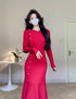 Korean Chic French Knitted Dress Women Long Sleeve Fishtail Bodycon