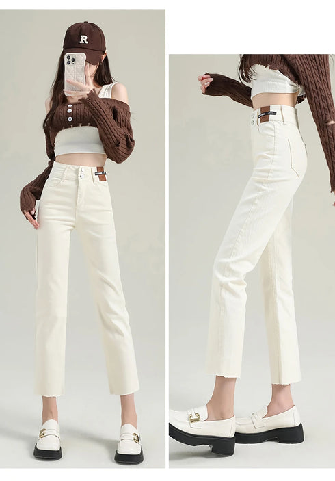 Slim Straight Elastic Denim Pipe Pants for Women - Versatile All-Season Trousers with Pockets and Tie Dye Details for Trendy Fall Outfits