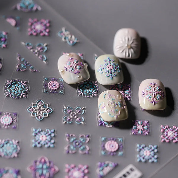Colorful Bohemian Retro Totem Nail Art Stickers - 5D Soft Embossed Reliefs for Vintage Manicure Decals, Self-Adhesive and Wholesale Options Available