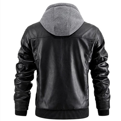 Men's Slim Fit Hooded PU Leather Motorcycle Jacket for Autumn and Winter - Windproof Detachable Hat Casual Biker Outerwear with Zipper Closure
