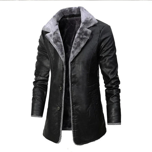 Men's Winter Fashion Long Thick Fleece PU Leather Windbreaker Jacket with Suit Collar, Casual Full-Length Coats for Stylish Men