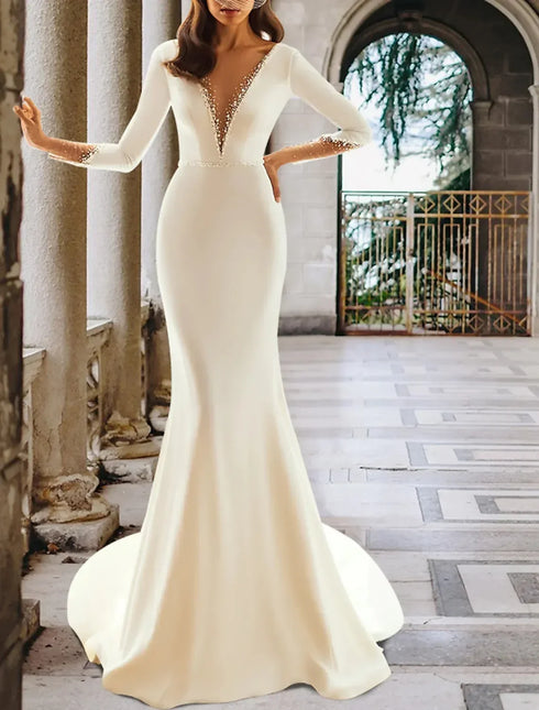 Flavinke Customized Sexy Women's Mermaid Wedding Dresses V-Neck Backless Long Sleeve Bridal Dress