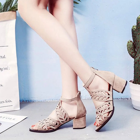 Rhinestone Faux Leather Hollow Out Thick Heel Sandals
