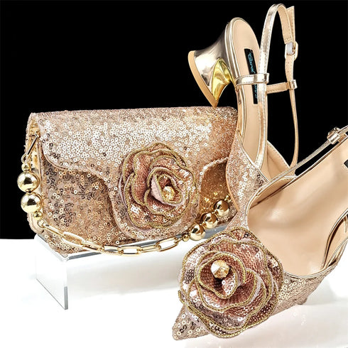 Elegant Women's Pumps and Handbag Set with Sequins for Luxury Parties