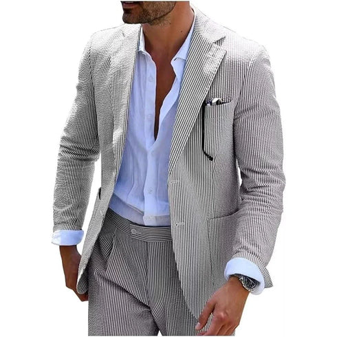 Summer Stripe Men Suit 2 Piece Seersucker Notched Lapel Jacket Pants Casual Blazer Slim Fit