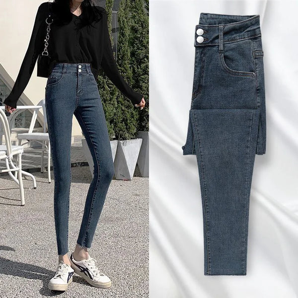 High Waist Jeans Slim Straight Leg Denim Trousers Women Jeans