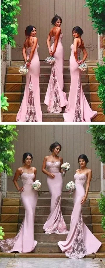 Mermaid Lace Long Bridesmaid Dress With Sweetheart Neckline, Backless Spaghetti Straps